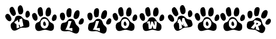 The image shows a series of animal paw prints arranged in a horizontal line. Each paw print contains a letter, and together they spell out the word Hollowmoor.