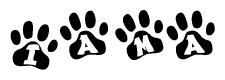The image shows a row of animal paw prints, each containing a letter. The letters spell out the word Iama within the paw prints.