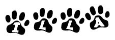 The image shows a row of animal paw prints, each containing a letter. The letters spell out the word Illa within the paw prints.