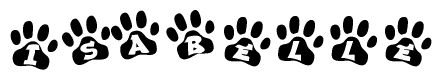 The image shows a series of animal paw prints arranged in a horizontal line. Each paw print contains a letter, and together they spell out the word Isabelle.