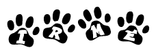 The image shows a series of animal paw prints arranged in a horizontal line. Each paw print contains a letter, and together they spell out the word Irme.