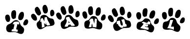 The image shows a row of animal paw prints, each containing a letter. The letters spell out the word Imanuel within the paw prints.