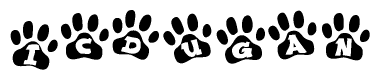 The image shows a row of animal paw prints, each containing a letter. The letters spell out the word Icdugan within the paw prints.