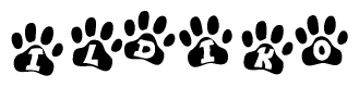 The image shows a row of animal paw prints, each containing a letter. The letters spell out the word Ildiko within the paw prints.