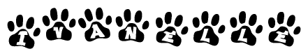 The image shows a series of animal paw prints arranged horizontally. Within each paw print, there's a letter; together they spell Ivanelle