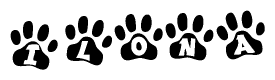 The image shows a series of animal paw prints arranged horizontally. Within each paw print, there's a letter; together they spell Ilona