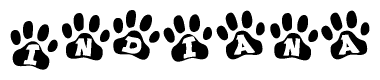 The image shows a row of animal paw prints, each containing a letter. The letters spell out the word Indiana within the paw prints.