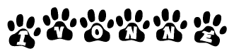 The image shows a row of animal paw prints, each containing a letter. The letters spell out the word Ivonne within the paw prints.