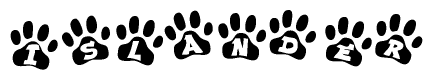 The image shows a series of animal paw prints arranged horizontally. Within each paw print, there's a letter; together they spell Islander