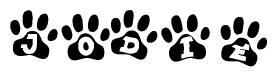 The image shows a series of animal paw prints arranged horizontally. Within each paw print, there's a letter; together they spell Jodie