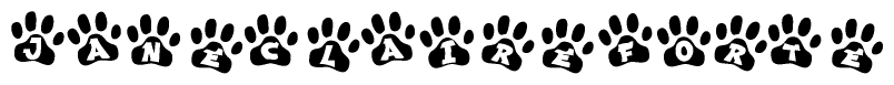 The image shows a row of animal paw prints, each containing a letter. The letters spell out the word Janeclaireforte within the paw prints.
