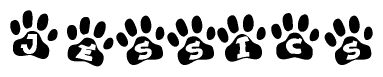 The image shows a series of animal paw prints arranged horizontally. Within each paw print, there's a letter; together they spell Jessics