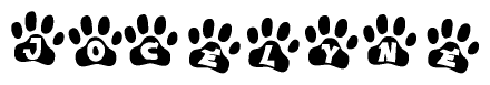 The image shows a row of animal paw prints, each containing a letter. The letters spell out the word Jocelyne within the paw prints.