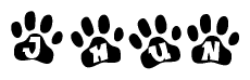 The image shows a series of animal paw prints arranged in a horizontal line. Each paw print contains a letter, and together they spell out the word Jhun.