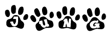 The image shows a series of animal paw prints arranged in a horizontal line. Each paw print contains a letter, and together they spell out the word Jung.