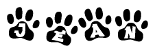 The image shows a row of animal paw prints, each containing a letter. The letters spell out the word Jean within the paw prints.