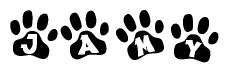 The image shows a row of animal paw prints, each containing a letter. The letters spell out the word Jamy within the paw prints.