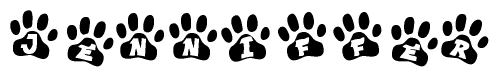 The image shows a series of animal paw prints arranged in a horizontal line. Each paw print contains a letter, and together they spell out the word Jenniffer.