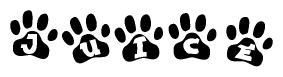 The image shows a series of animal paw prints arranged in a horizontal line. Each paw print contains a letter, and together they spell out the word Juice.