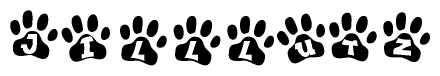 The image shows a series of animal paw prints arranged horizontally. Within each paw print, there's a letter; together they spell Jilllutz