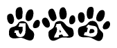 The image shows a series of animal paw prints arranged horizontally. Within each paw print, there's a letter; together they spell Jad