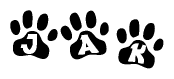 The image shows a series of animal paw prints arranged horizontally. Within each paw print, there's a letter; together they spell Jak
