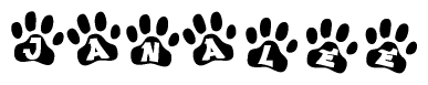 The image shows a series of animal paw prints arranged in a horizontal line. Each paw print contains a letter, and together they spell out the word Janalee.