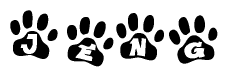 The image shows a series of animal paw prints arranged in a horizontal line. Each paw print contains a letter, and together they spell out the word Jeng.