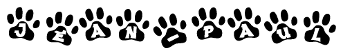 The image shows a series of animal paw prints arranged in a horizontal line. Each paw print contains a letter, and together they spell out the word Jean-paul.