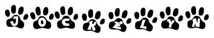 The image shows a series of animal paw prints arranged in a horizontal line. Each paw print contains a letter, and together they spell out the word Jockelyn.