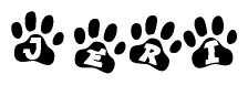 The image shows a series of animal paw prints arranged horizontally. Within each paw print, there's a letter; together they spell Jeri