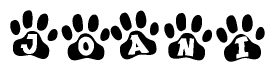 The image shows a row of animal paw prints, each containing a letter. The letters spell out the word Joani within the paw prints.