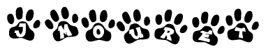 The image shows a row of animal paw prints, each containing a letter. The letters spell out the word Jmouret within the paw prints.
