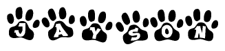 The image shows a series of animal paw prints arranged horizontally. Within each paw print, there's a letter; together they spell Jayson