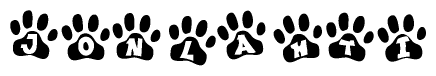 The image shows a row of animal paw prints, each containing a letter. The letters spell out the word Jonlahti within the paw prints.