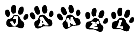 The image shows a series of animal paw prints arranged horizontally. Within each paw print, there's a letter; together they spell Jamel