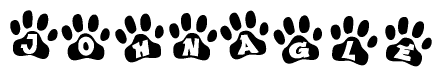 The image shows a row of animal paw prints, each containing a letter. The letters spell out the word Johnagle within the paw prints.