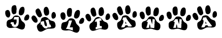 The image shows a series of animal paw prints arranged in a horizontal line. Each paw print contains a letter, and together they spell out the word Julianna.