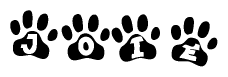 The image shows a series of animal paw prints arranged horizontally. Within each paw print, there's a letter; together they spell Joie