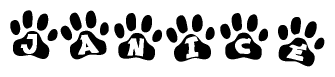 The image shows a row of animal paw prints, each containing a letter. The letters spell out the word Janice within the paw prints.