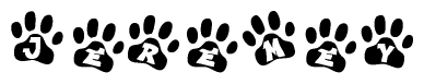 The image shows a series of animal paw prints arranged horizontally. Within each paw print, there's a letter; together they spell Jeremey
