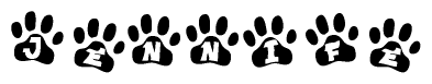 The image shows a series of animal paw prints arranged in a horizontal line. Each paw print contains a letter, and together they spell out the word Jennife.