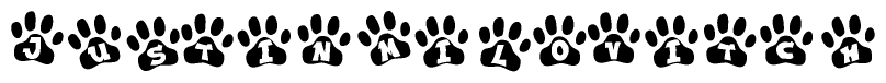The image shows a series of animal paw prints arranged in a horizontal line. Each paw print contains a letter, and together they spell out the word Justinmilovitch.