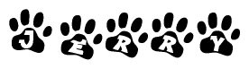The image shows a series of animal paw prints arranged horizontally. Within each paw print, there's a letter; together they spell Jerry