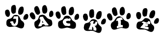 The image shows a series of animal paw prints arranged horizontally. Within each paw print, there's a letter; together they spell Jackie