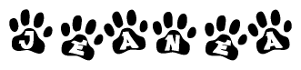 The image shows a row of animal paw prints, each containing a letter. The letters spell out the word Jeanea within the paw prints.