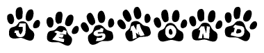 The image shows a row of animal paw prints, each containing a letter. The letters spell out the word Jesmond within the paw prints.