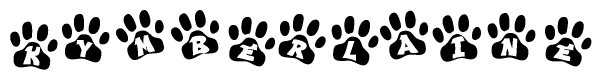 The image shows a series of animal paw prints arranged in a horizontal line. Each paw print contains a letter, and together they spell out the word Kymberlaine.