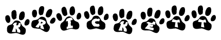 The image shows a series of animal paw prints arranged in a horizontal line. Each paw print contains a letter, and together they spell out the word Krickett.