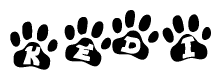 The image shows a series of animal paw prints arranged horizontally. Within each paw print, there's a letter; together they spell Kedi